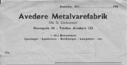 Visitkort fra Avedøre Metalvarefabrik