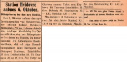 Hvidovre Avis 3. oktober 1935, artikel om åbningen af den nye station og billetpriserne.