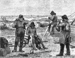 Ved siden af den værdifulde tran, som man kogte af sælerne, var også deres skind efterspurgt. 
Billedet fra Illustreret Tidende, 1862, viser fiskere iført tøj af sælskind.