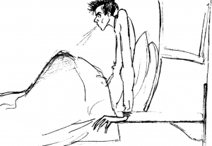 Tegning af mand som sidder i en seng og hoster.